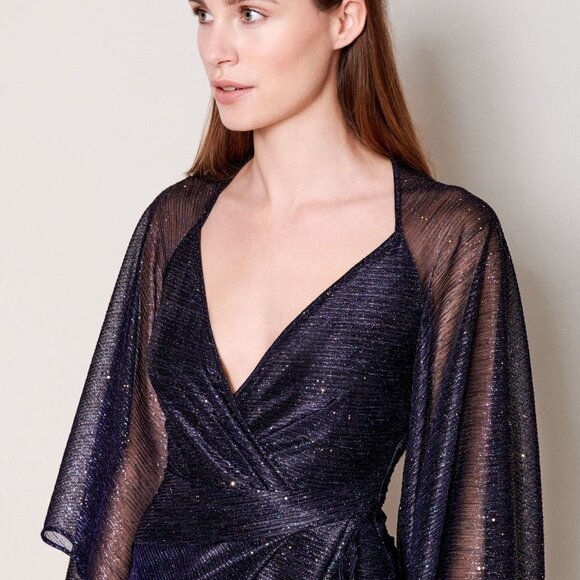 New Talbot Runhof Concavo1 Sprinkled Metallic Voile Wide Sleeve Midi Dress 6 US - Picture 7 of 17